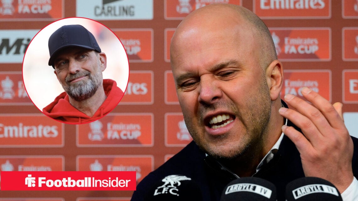 Jurgen Klopp on the left in a black hat and Arne Slot complaining on the right with microphones in front of his face
