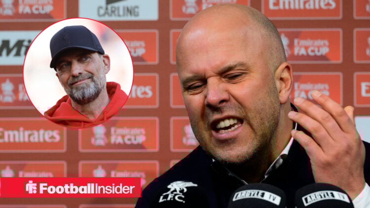 Jurgen Klopp on the left in a black hat and Arne Slot complaining on the right with microphones in front of his face