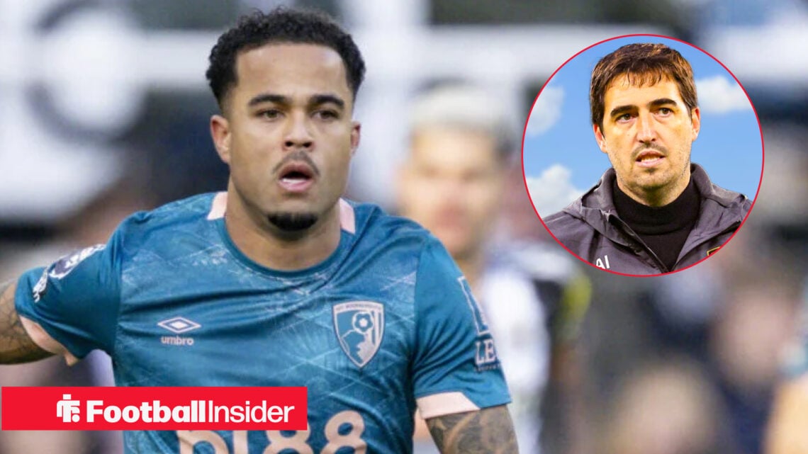 Justin Kluivert in Bournemouth away kit with Andoni Iraola inset