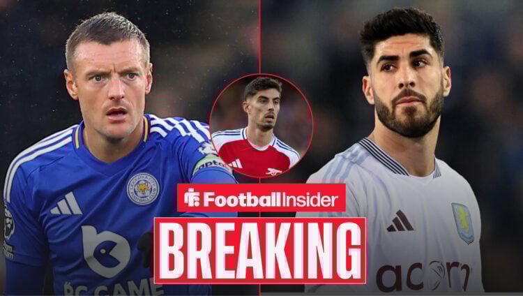 Jamie Vardy and Marco Asensio facing each other, Kai Havertz in a circular inset