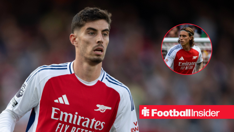 Arsenal midfielder Kai Havertz in a red home shirt next to an image of Riccardo Calafiori in a red circle