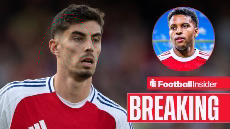Kai Havertz and Rodrygo in Arsenal kits, with a Breaking News banner