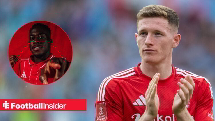 Elliot Anderson applauding Nottingham Forest fans, next to an image of Arnaud Kalimuendo being unveiled for the club.