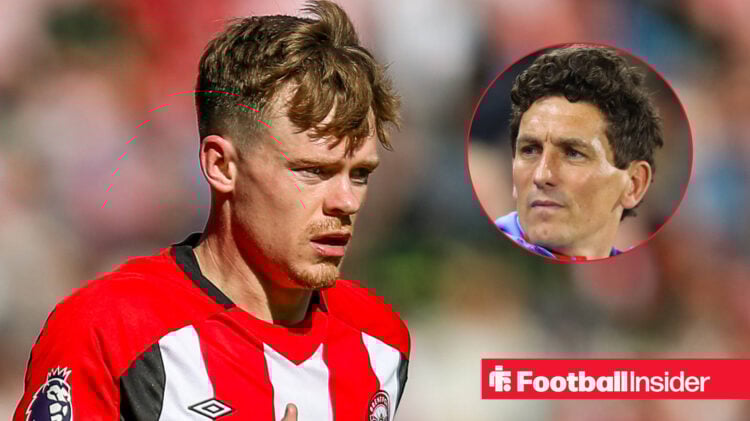 Keane Lewis-Potter on the left in a red and white striped Brentford shirt looking concerned with Keith Andrews looking worried on the right above a...