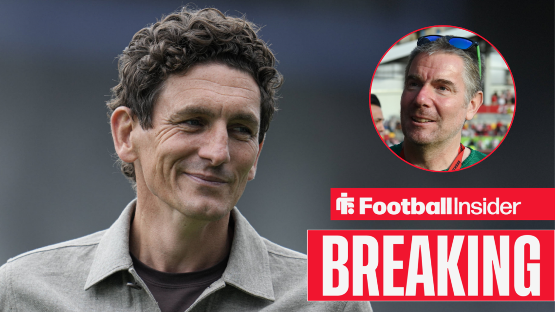 Brentford boss Keith Andrews smiling to the right at owner Matthew Benham who is looking back his way also smiling
