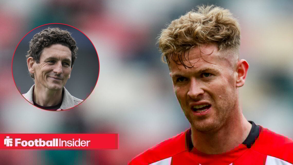 Brentford defender Nathan Collins next to an image of manager Keith Andrews