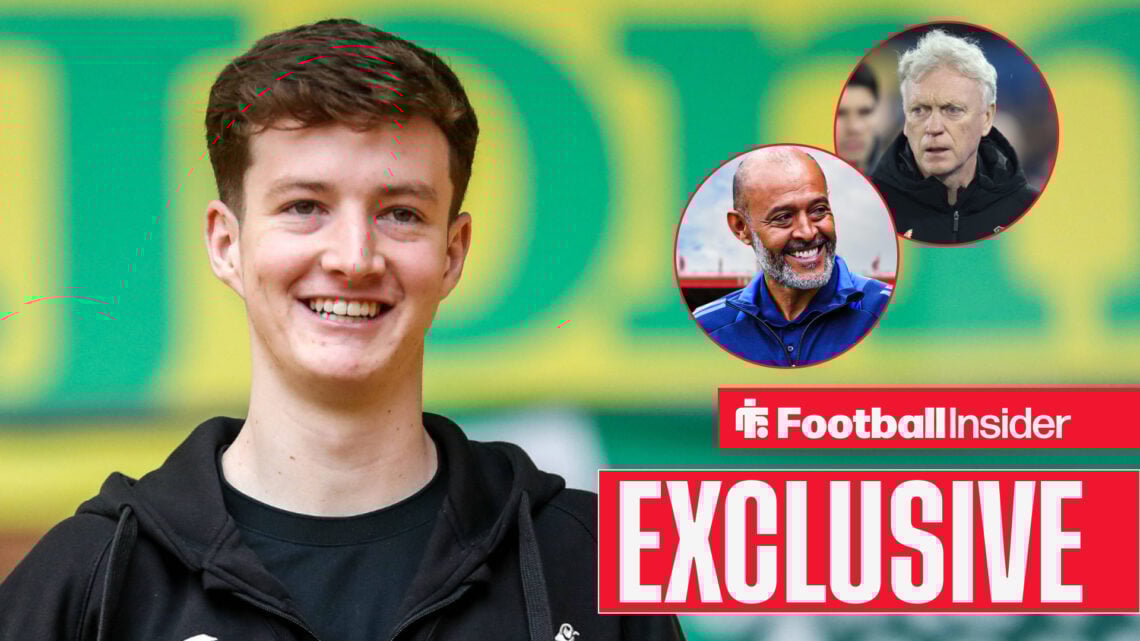 Kellen Fisher preparing to feature for Norwich City, Nuno Espirito Santo and David Moyes in circular insets, with an exclusive banner