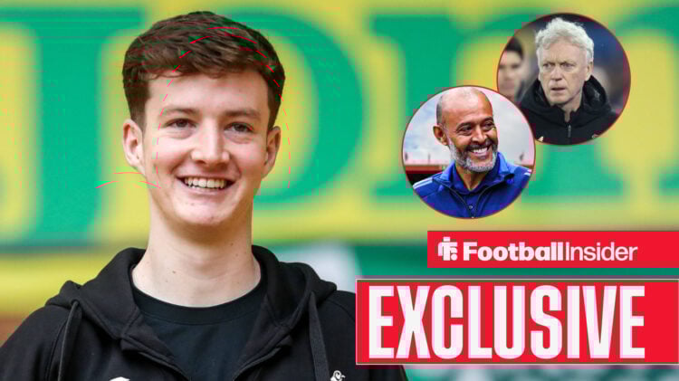 Kellen Fisher preparing to feature for Norwich City, Nuno Espirito Santo and David Moyes in circular insets, with an exclusive banner