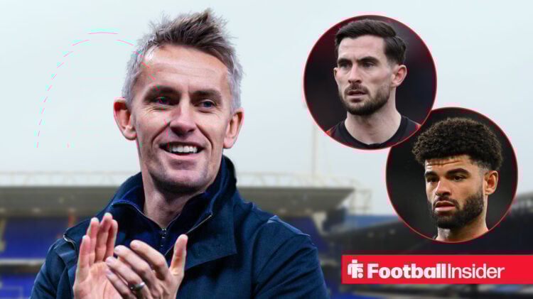 Ipswich manager Kieran McKenna laughing looking at Bournemouth midfielders Philip Billing and Lewis Cook who are looking at him