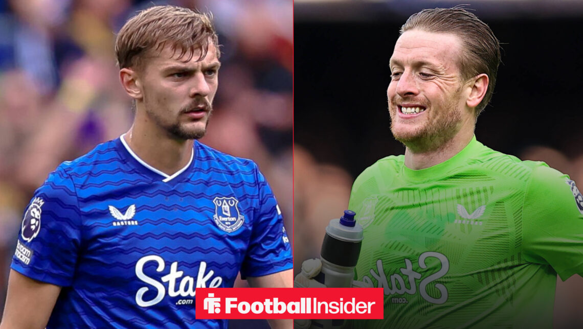 Kiernan Dewsbury-Hall on the left in a dark blue everton shirt looking serious with Jordan Pickford on the right holding a water bottle in a green ...