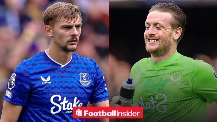 Kiernan Dewsbury-Hall on the left in a dark blue everton shirt looking serious with Jordan Pickford on the right holding a water bottle in a green ...