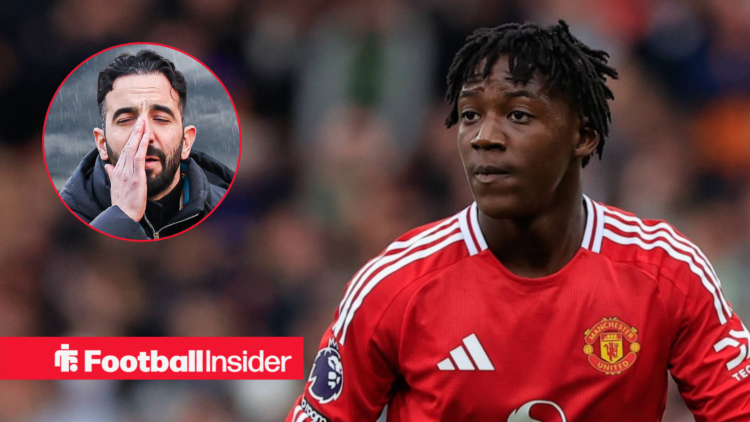 Kobbie Mainoo in Man United home shirt with distressed Ruben Amorim inset