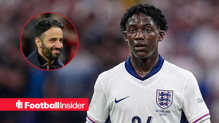 Man United's Kobbie Mainoo in an England shirt looking forward while Man United manager Ruben Amorim is smiling back at him left inset