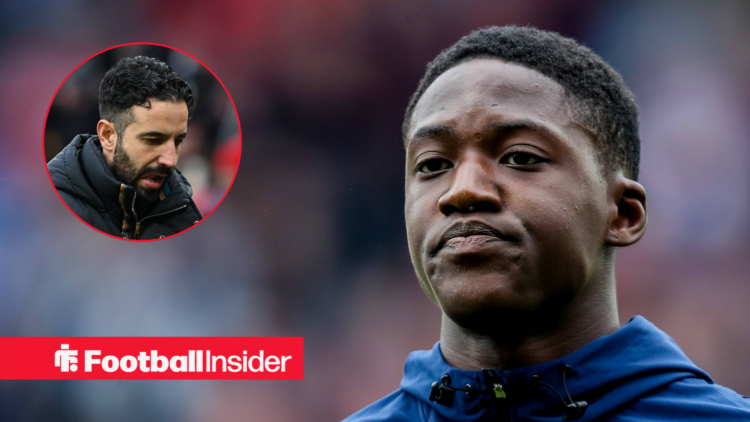 Manchester United midfielder Kobbie Mainoo alongside a circular inset of Man United manager Ruben Amorim
