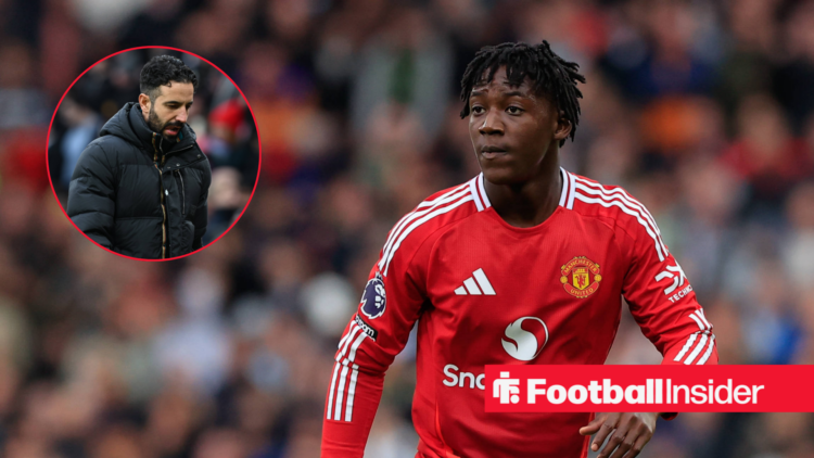 Kobbie Mainoo in a red Manchester United kit, Ruben Amorim in a black coat in a circle