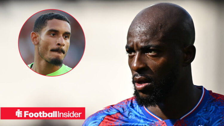 Crystal Palace striker Jean-Philippe Mateta looks at teammate Maxence Lacroix
