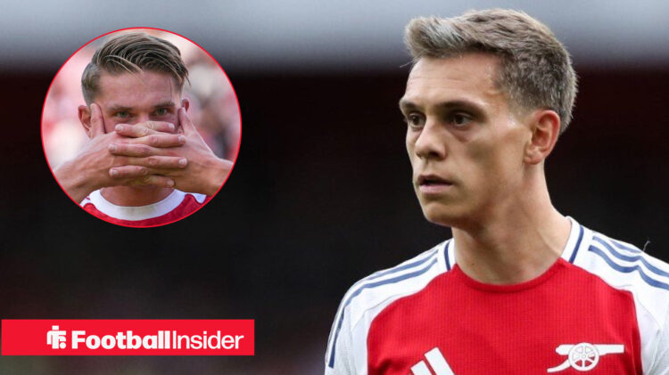 Leandro Trossard in Arsenal shirt with Viktor Gyokeres celebration inset
