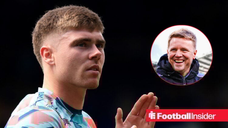 Ipswich's Leif Davis before a game, Newcastle boss Eddie Howe smiling