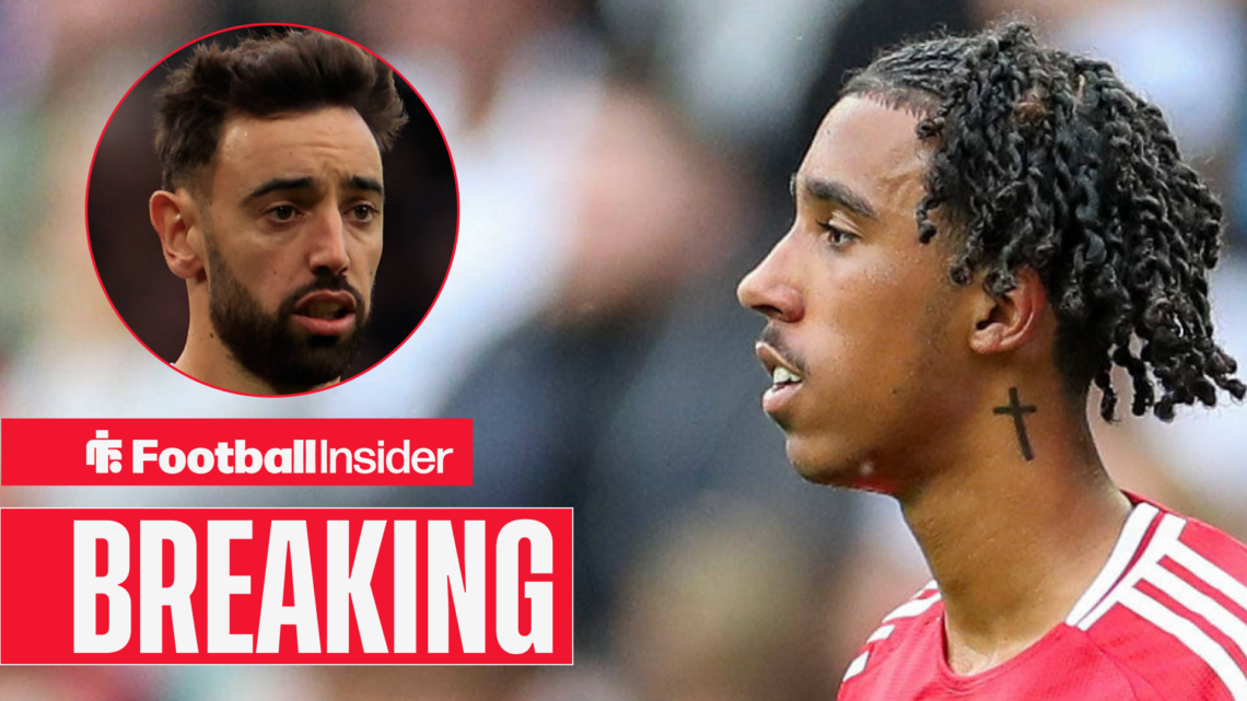 Man United defender Leny Yoro, alongside a circular inset of Bruno Fernandes.