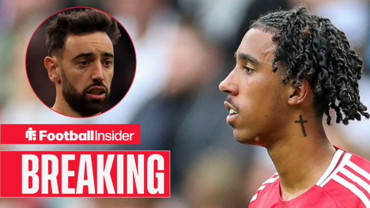 Man United defender Leny Yoro, alongside a circular inset of Bruno Fernandes.