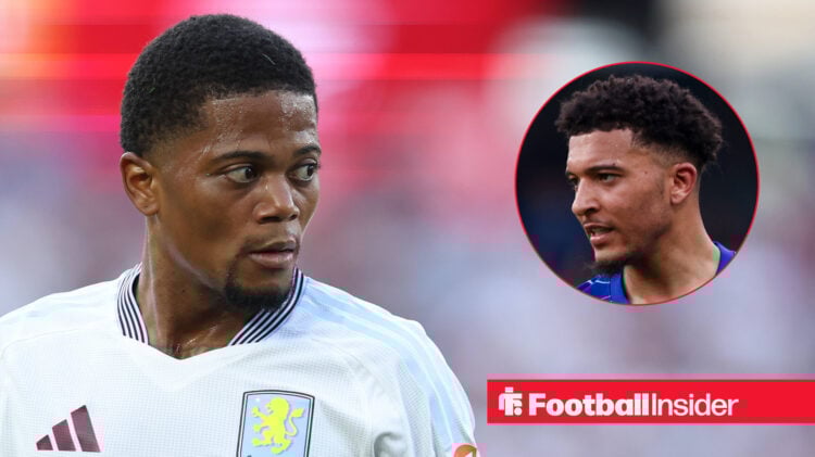 Leon Bailey looks on during an Aston Villa match, next to an image of Jadon Sancho.