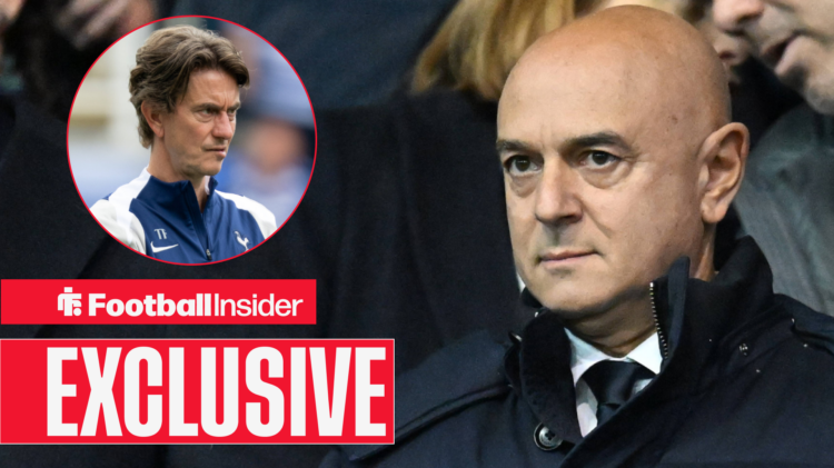 Tottenham chairman Daniel Levy looks across at Thomas Frank in a circular inset
