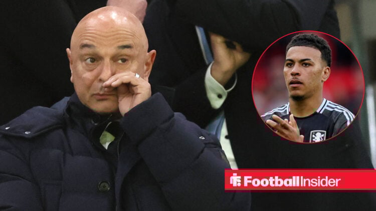 Daniel Levy wipes his nose in the stands at a Tottenham match, next to an image of Morgan Rogers applauding Villa fans
