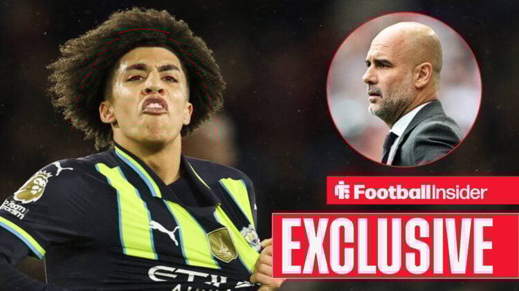 Rico Lewis celebrates as Pep Guardiola looks on in circular inset with an exclusive news banner