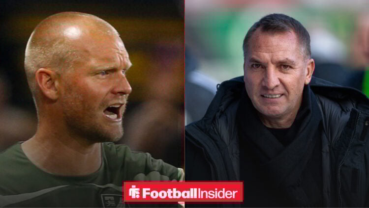 Norwich City manager Liam Manning, alongside Celtic boss Brendan Rodgers