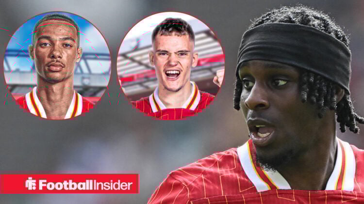 Liverpool defender Jeremie Frimpong alongside headshots of Florian Wirtz and Hugo Ekitike