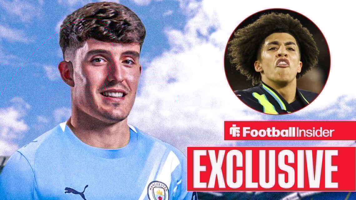 Tino Livramento smiles in a Man City kit, Rico Lewis fumes in a circular inset