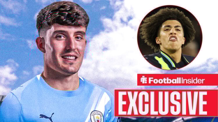 Tino Livramento smiles in a Man City kit, Rico Lewis fumes in a circular inset