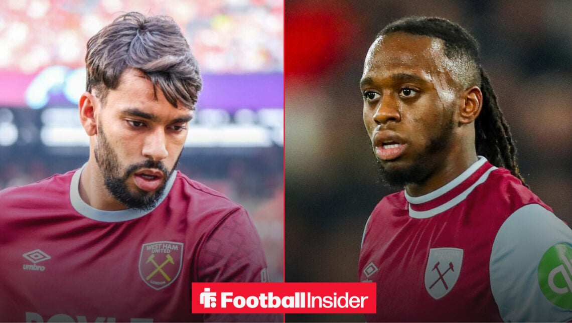 Lucas Paqueta in West Ham training gear alongside Aaron Wan-Bissaka in a West Ham home shirt