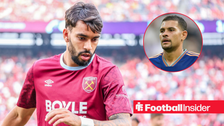 West Ham's Lucas Paqueta playing and looking down with Newcastle's Bruno Guimaraes in action looking at him right inset