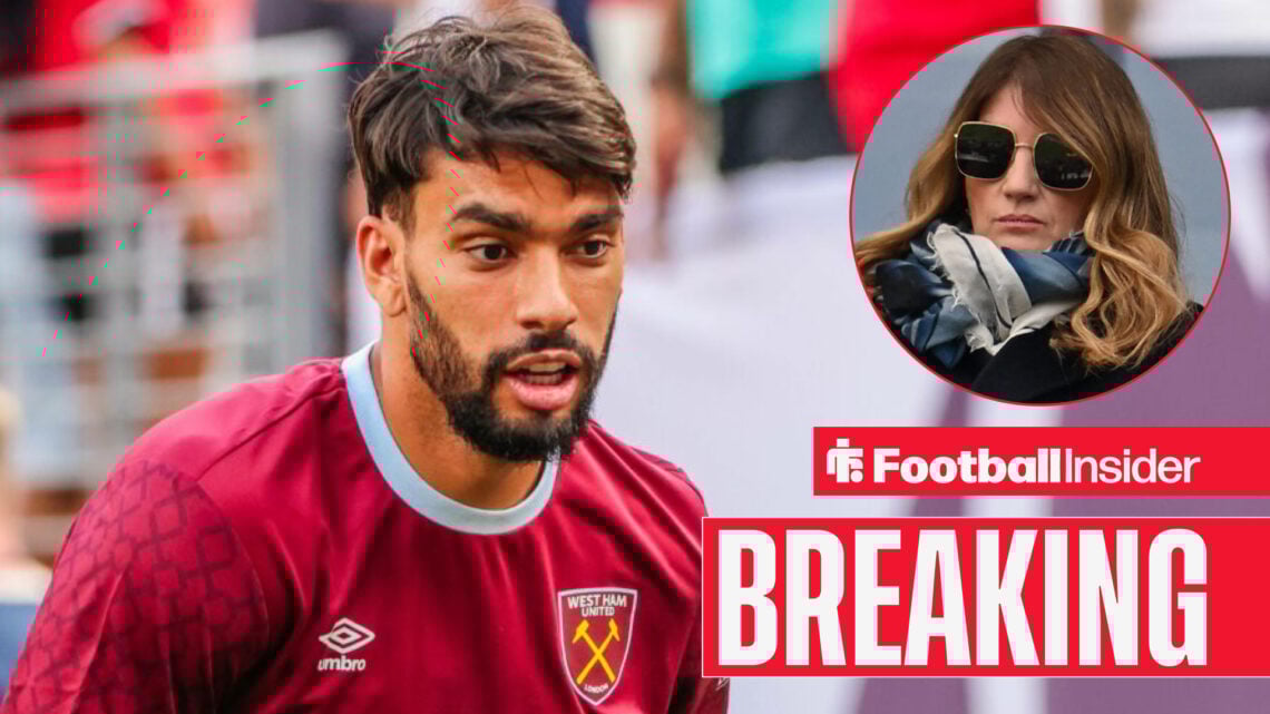 Lucas Paqueta playing for West Ham, with Karren Brady pictured in a circular inset