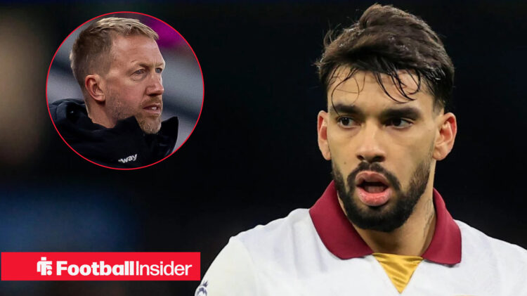 Lucas Paqueta in away West Ham shirt with Graham Potter inset