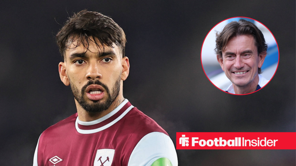Lucas Paqueta on the left looking focused with Thomas Frank on the right smiling