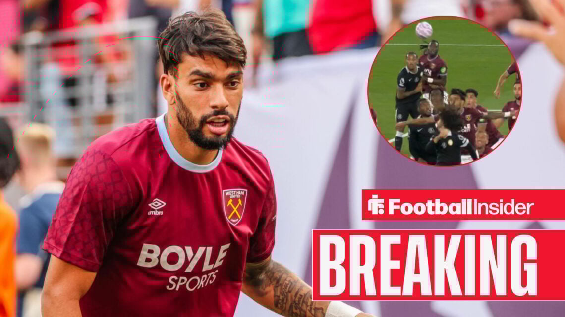 West Ham's Lucas Paqueta in action looking ahead with circular overlay on right of him defending from a corner v Marc Cucurella against Chelsea