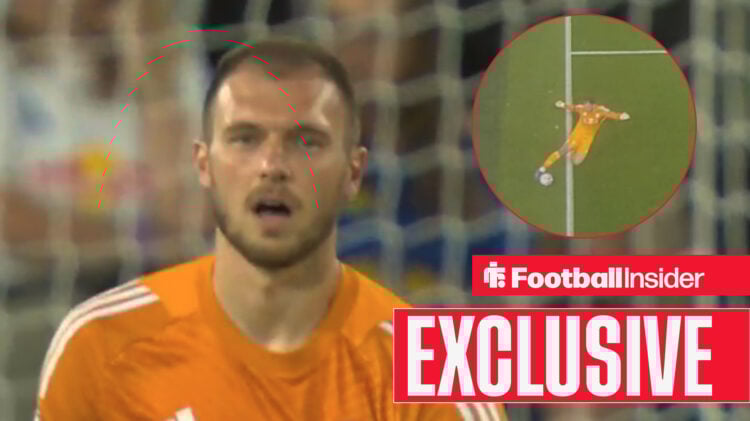 Lucas Perri wearing an orange shirt with his mouth open on the left with a picture on the top right with him kicking the ball when it was clearly o...