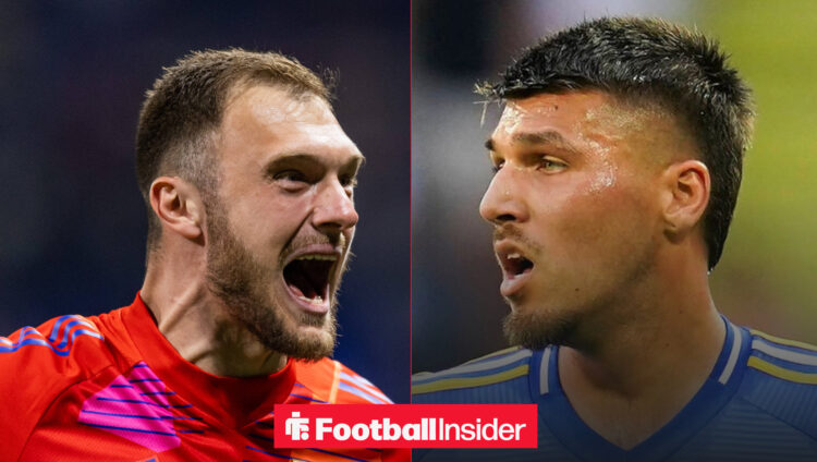 Lucas Perri on the left in a red shirt shouting and Joel Piroe for Leeds on the right hand side looking concerned wearing a blue shirt