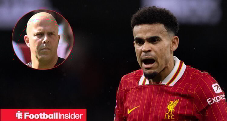 Winger Luis Diaz, alongside a circular inset of manager Arne Slot.