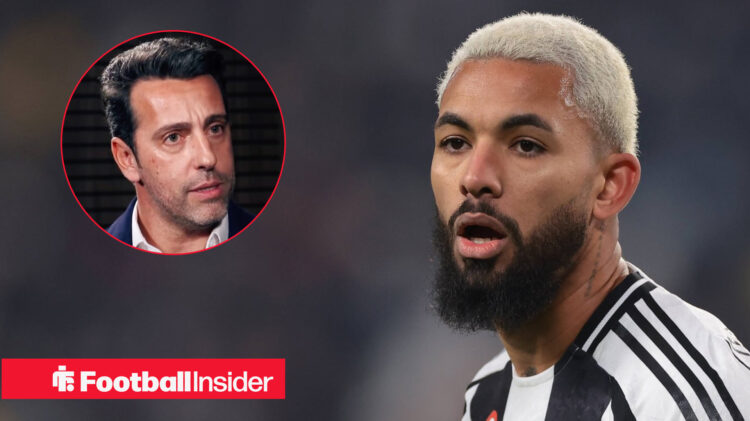 Nottingham Forest chief of football Edu looks across at Juventus midfielder Douglas Luiz