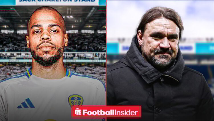 An image of Lukas Nmecha in a Leeds United shirt alongside an image of Daniel Farke at Elland Road