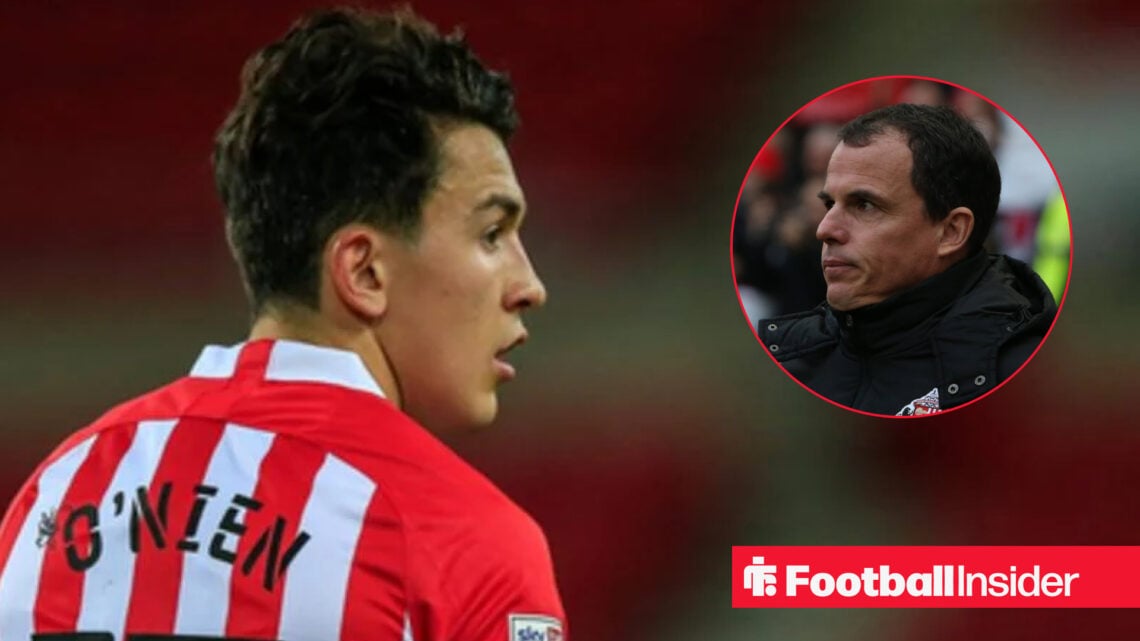 An image of Sunderland defender Luke O'Nien looking towards a headshot of boss Regis Le Bris