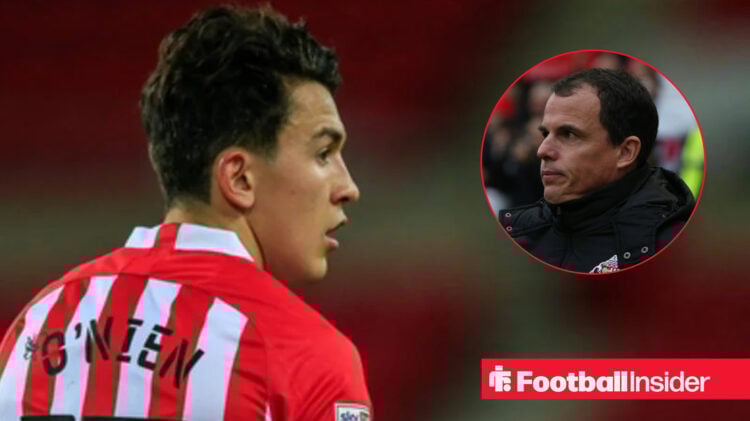 An image of Sunderland defender Luke O'Nien looking towards a headshot of boss Regis Le Bris