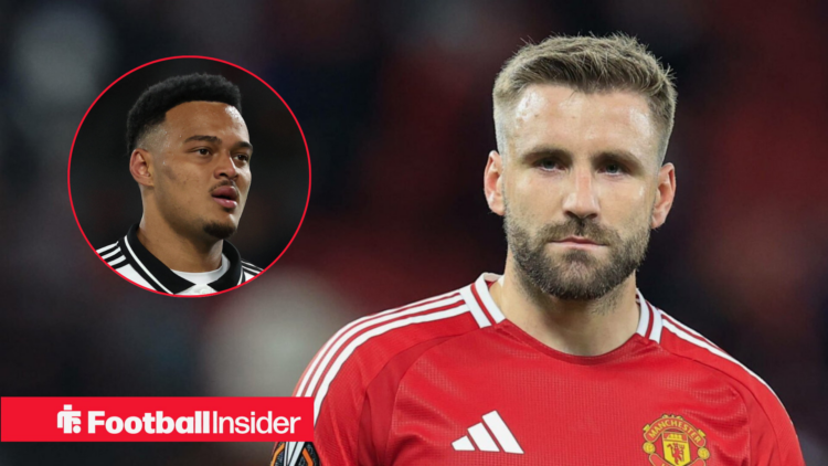 Man United's Luke Shaw in action looking ahead with Fulham's Rodrigo Muniz left inset looking at him while in action