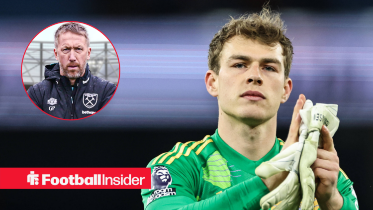 West Ham's Mads Hermansen claps while looking ahead with West Ham manager Graham Potter looking ahead confused inset left