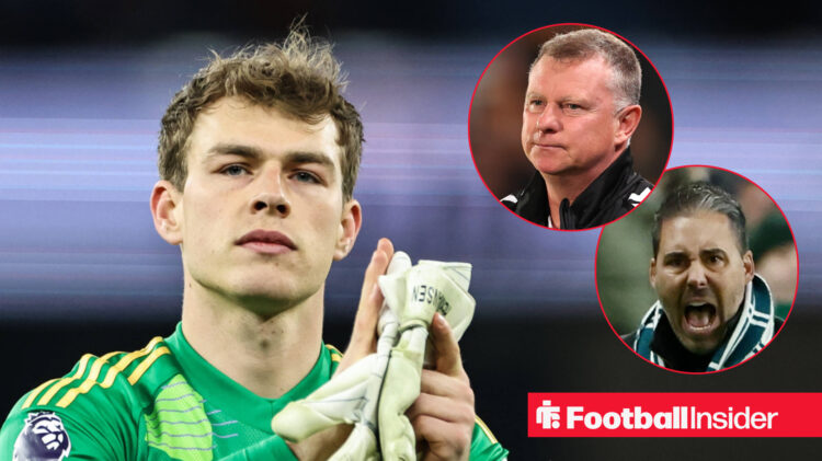 Leicester's Mads Hermansen, Stoke City manager Mark Robins, and Leicester boss Marti Cifuentes screaming