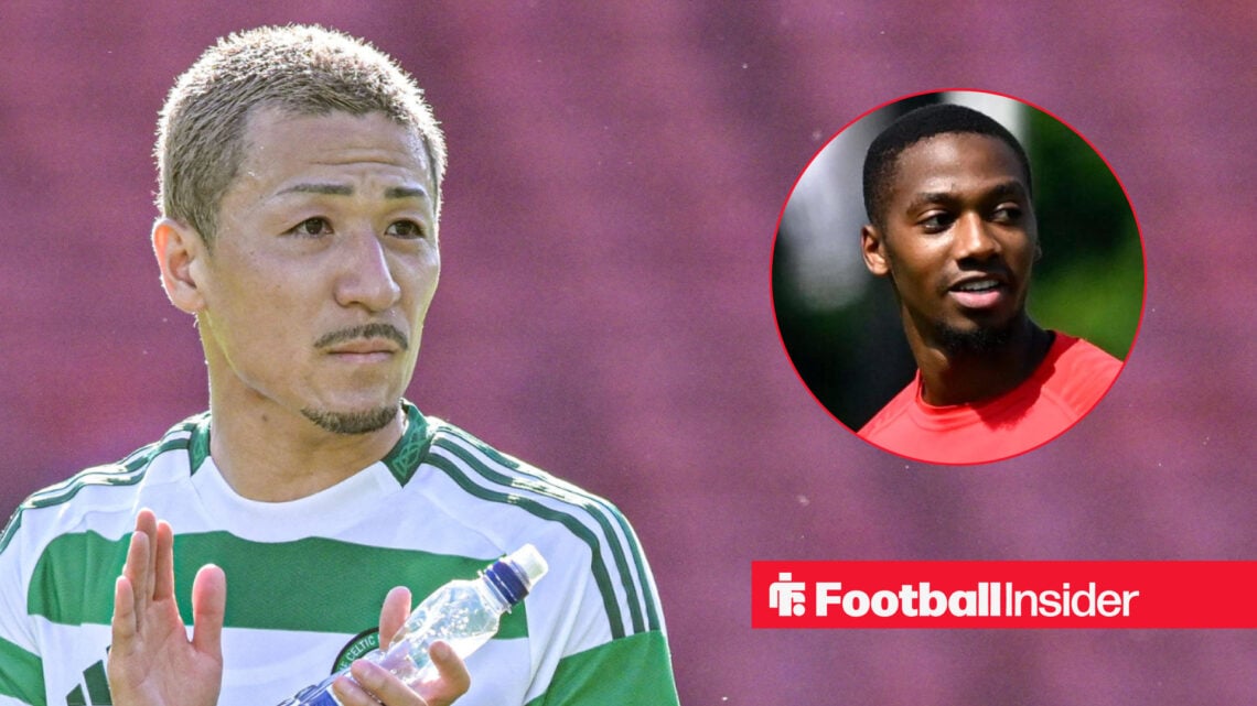 Daizen Maeda applauding Celtic's fans next to an image of Michel-Ange Balikwishia of Antwerp