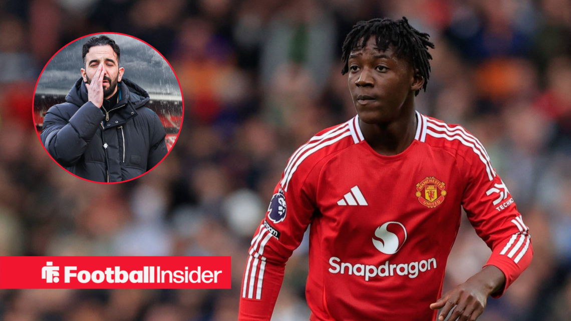 Kobbie Mainoo in Man United home shirt with distressed Ruben Amorim inset